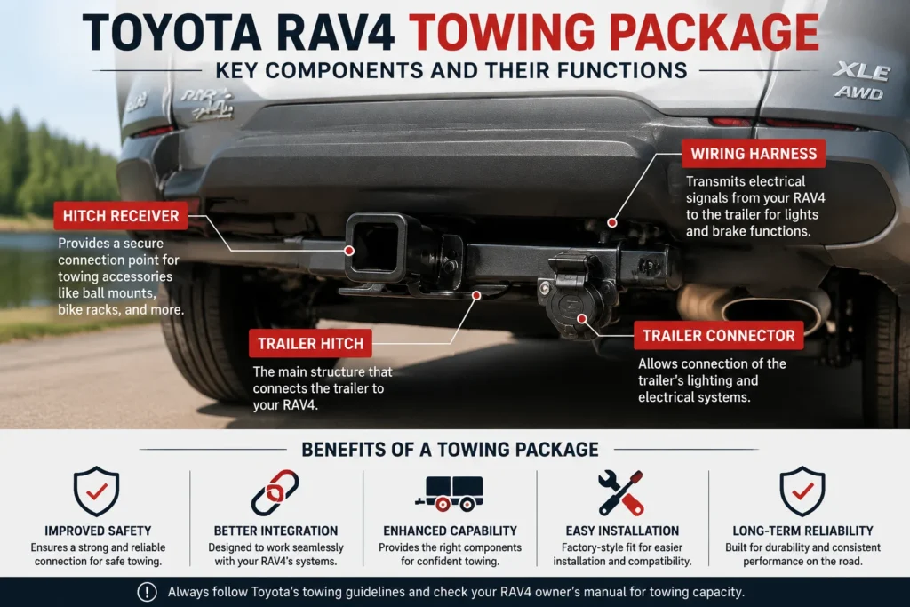 Toyota RAV4 towing package showing hitch receiver, wiring harness, and trailer connector components