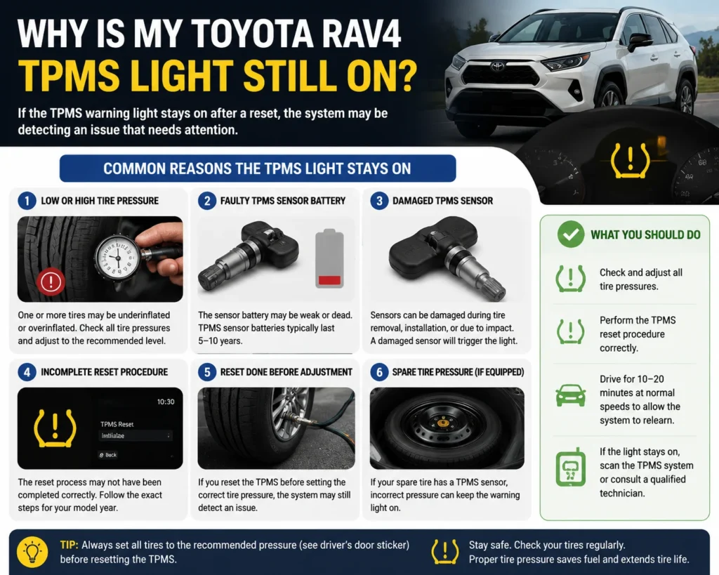 Toyota RAV4 TPMS Reset 3 Toyota RAV4 TPMS light still on showing common causes and troubleshooting steps
