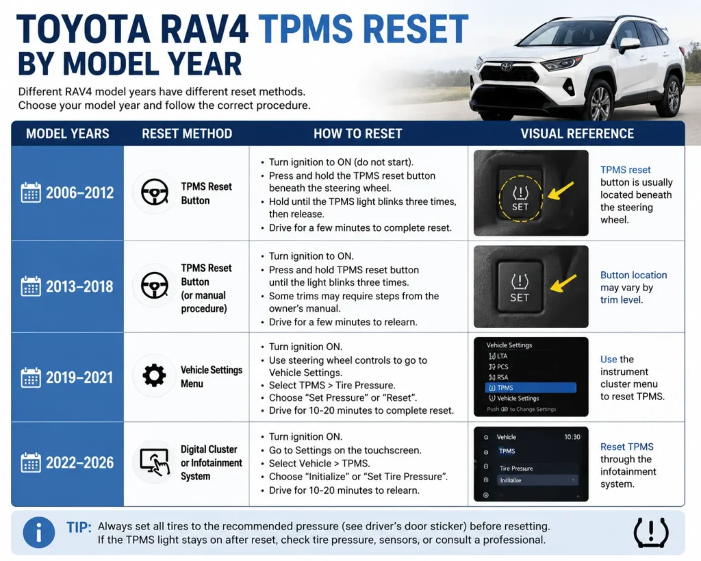 Toyota RAV4 TPMS Reset 2 Toyota RAV4 TPMS reset by model year showing reset methods for 2006 to 2026 models