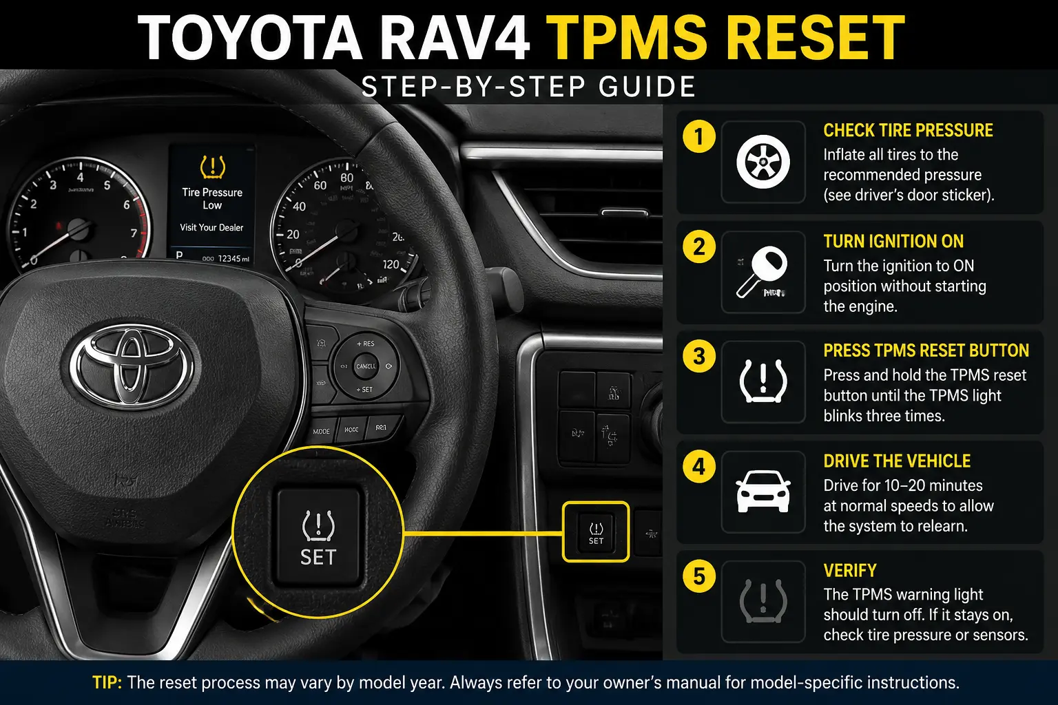 Toyota RAV4 TPMS reset step-by-step guide showing TPMS reset button and reset procedure