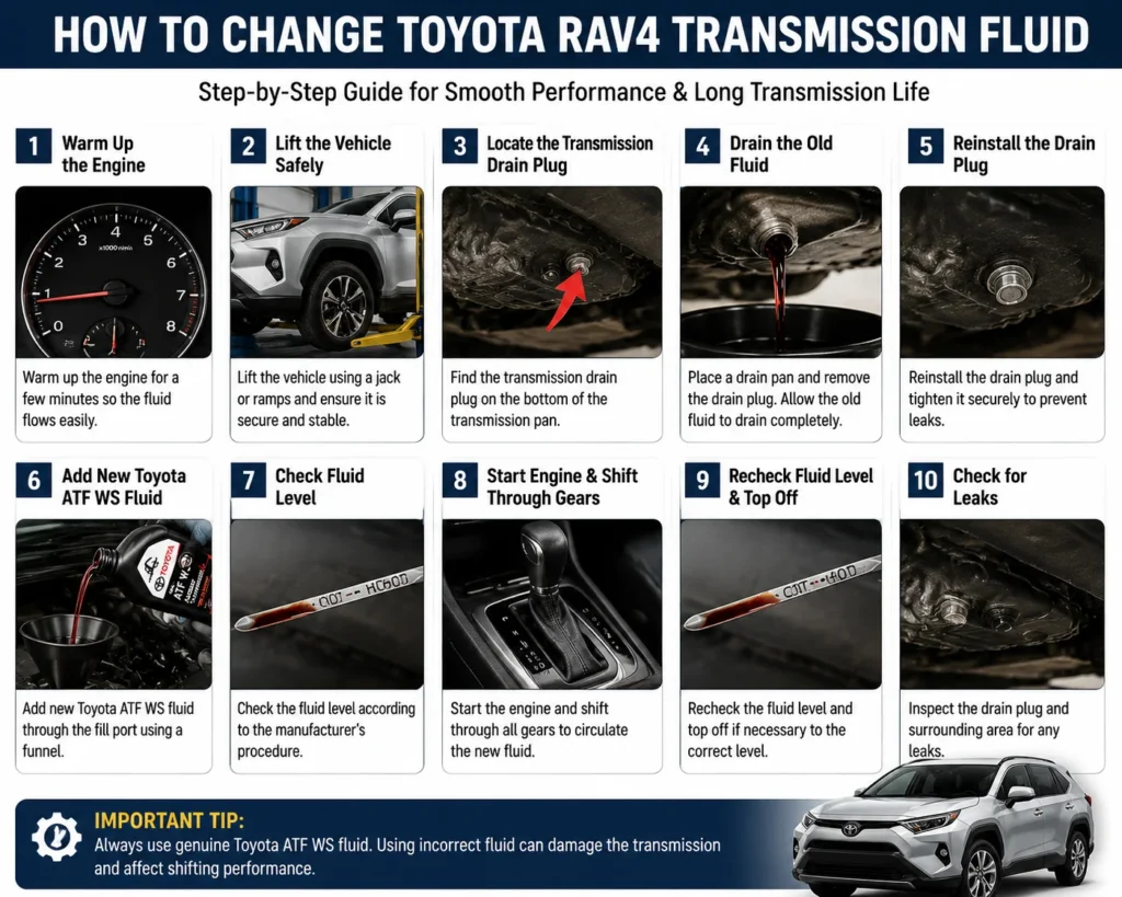 Toyota RAV4 transmission fluid change step by step guide infographic