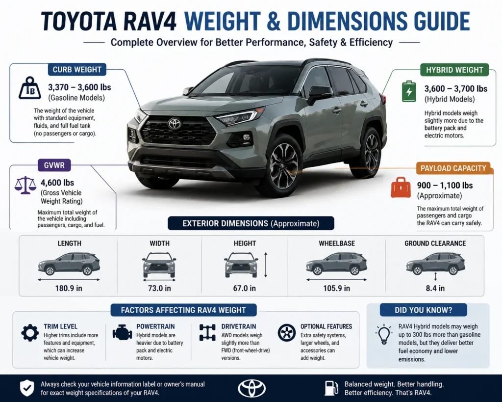 Toyota RAV4 weight and dimensions guide showing curb weight, hybrid weight, GVWR, and vehicle specifications
