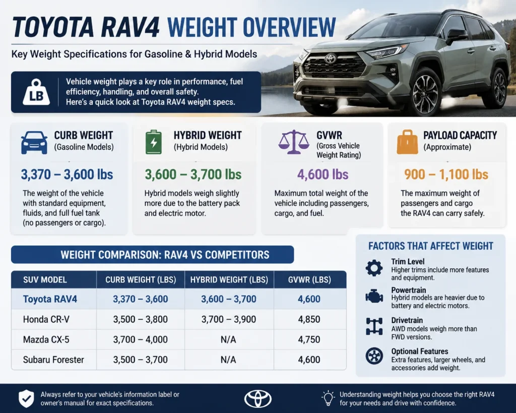 Toyota RAV4 weight overview showing curb weight, hybrid weight, GVWR, and SUV comparison