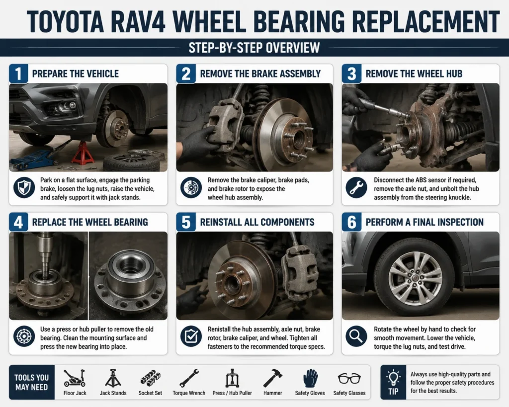 Toyota RAV4 wheel bearing replacement step-by-step guide showing vehicle preparation, brake removal, hub removal, bearing installation, reassembly, and final inspection