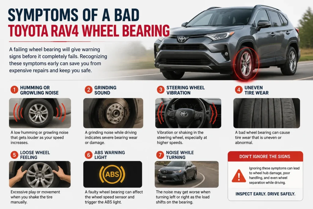 Toyota RAV4 wheel bearing symptoms including humming noise, steering vibration, uneven tire wear, ABS warning light, and grinding sound