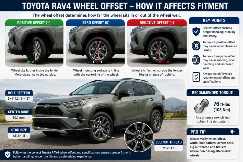 Toyota RAV4 Wheel Offset: Complete Guide (1996–2026) 2 Toyota RAV4 Wheel Offset diagram showing positive, zero, and negative offset with fitment comparison