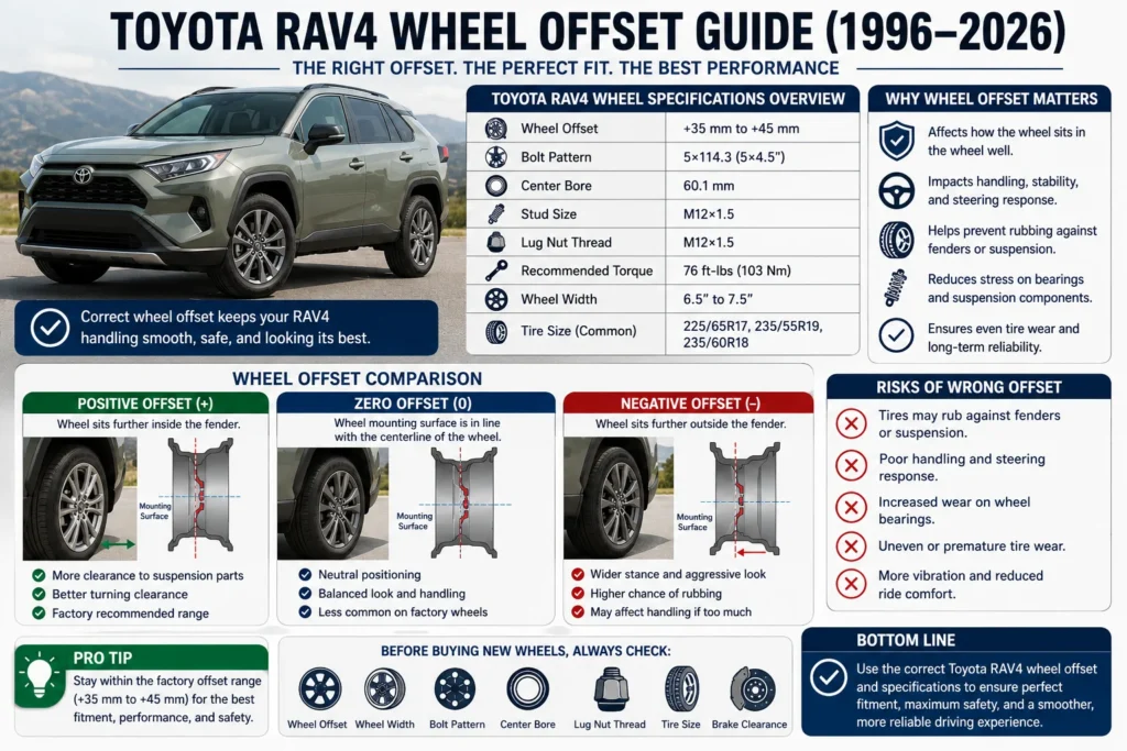 Toyota RAV4 Wheel Offset: Complete Guide (1996–2026) 3 Toyota RAV4 Wheel Offset Guide showing positive, zero, and negative wheel offset comparison with specifications for 1996–2026 models
