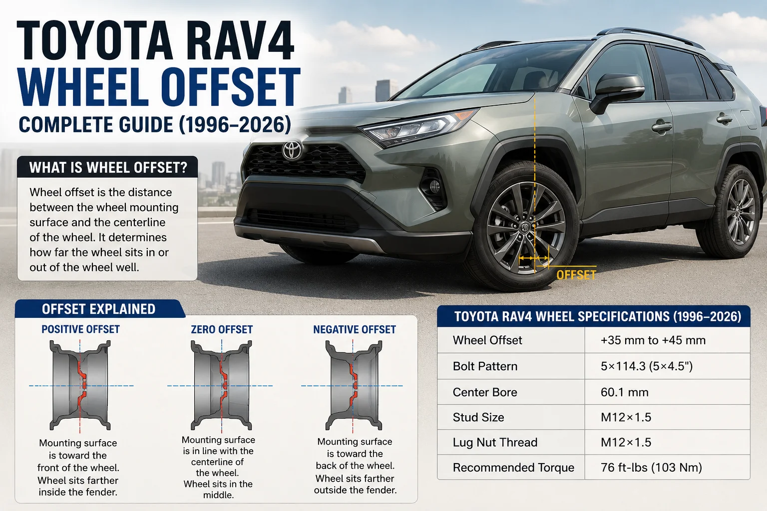 Home 2 Toyota RAV4 wheel offset guide showing positive, zero and negative offset with wheel specifications for 1996–2026 models