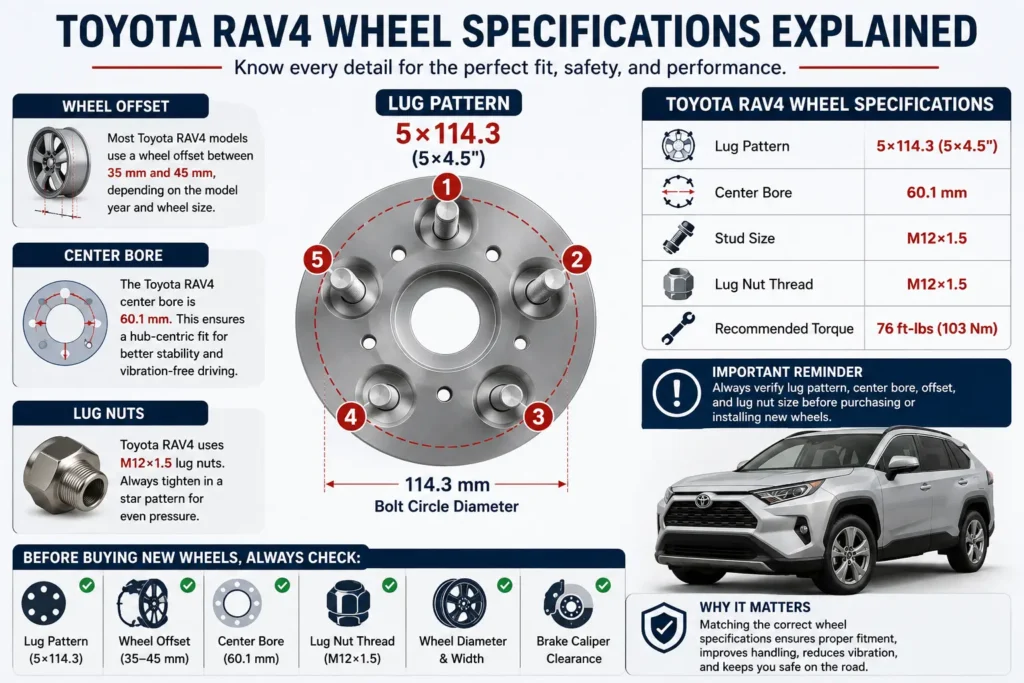 Toyota RAV4 Lug Pattern: Complete Guide (1996–2026) 2 Toyota RAV4 wheel specifications including lug pattern, center bore, wheel offset, stud size, lug nut thread, and torque specifications