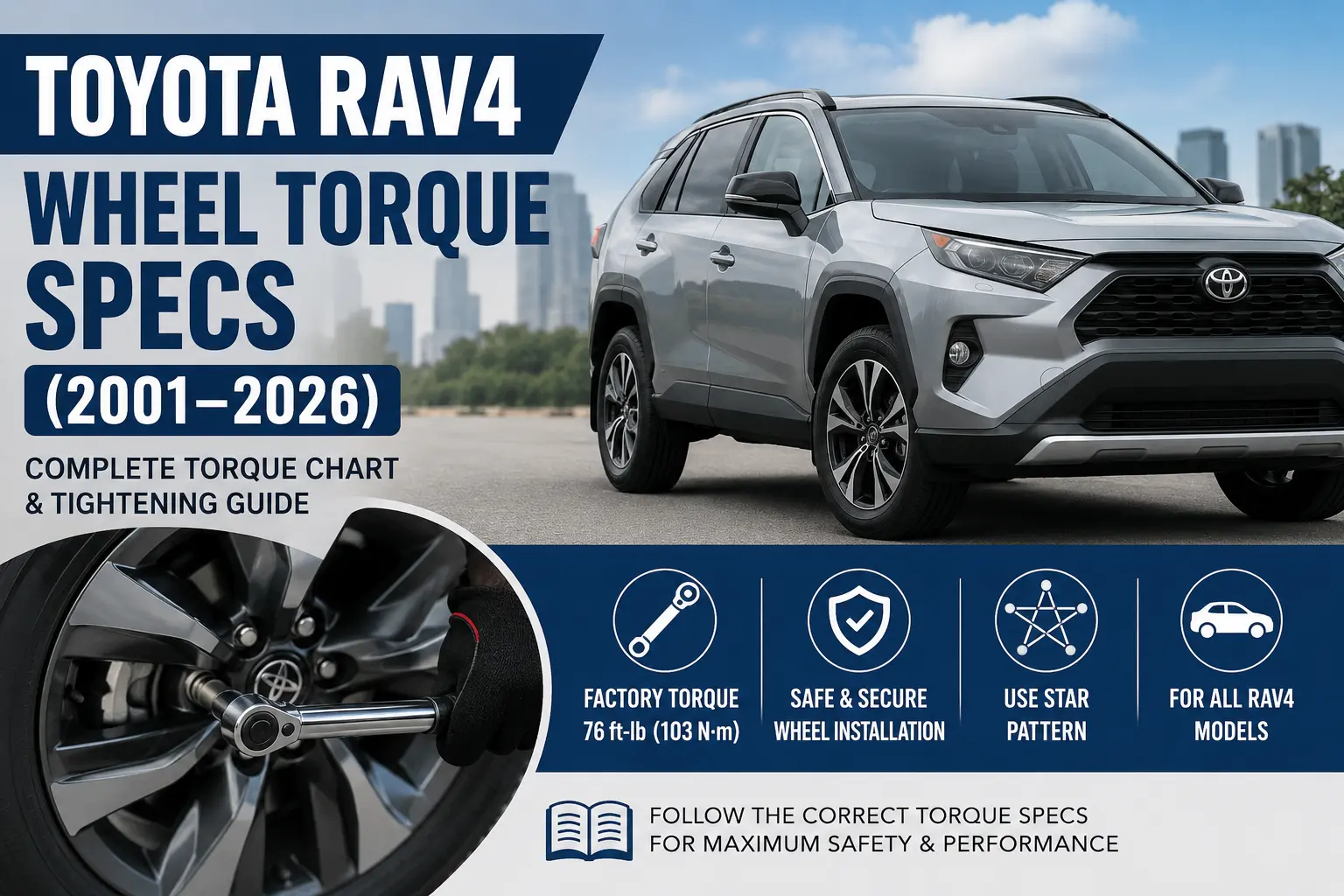 Home 2 Toyota RAV4 wheel torque specs chart showing the recommended 76 ft-lb (103 N·m) lug nut torque for 2001–2026 models.