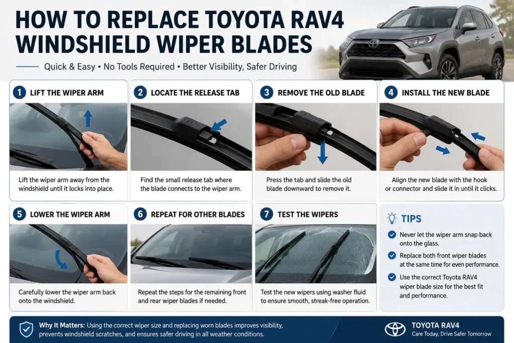 Toyota RAV4 Windshield Wiper Size 2 How to replace Toyota RAV4 windshield wiper blades step by step with driver-side, passenger-side, and rear wiper installation guide