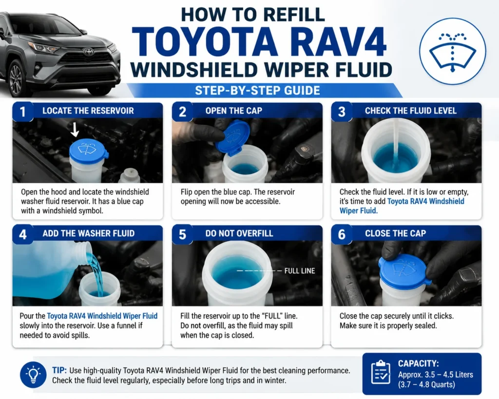Toyota RAV4 Windshield Wiper Fluid: Type, Capacity & Refill Guide 3 Toyota RAV4 Windshield Wiper Fluid refill step by step guide