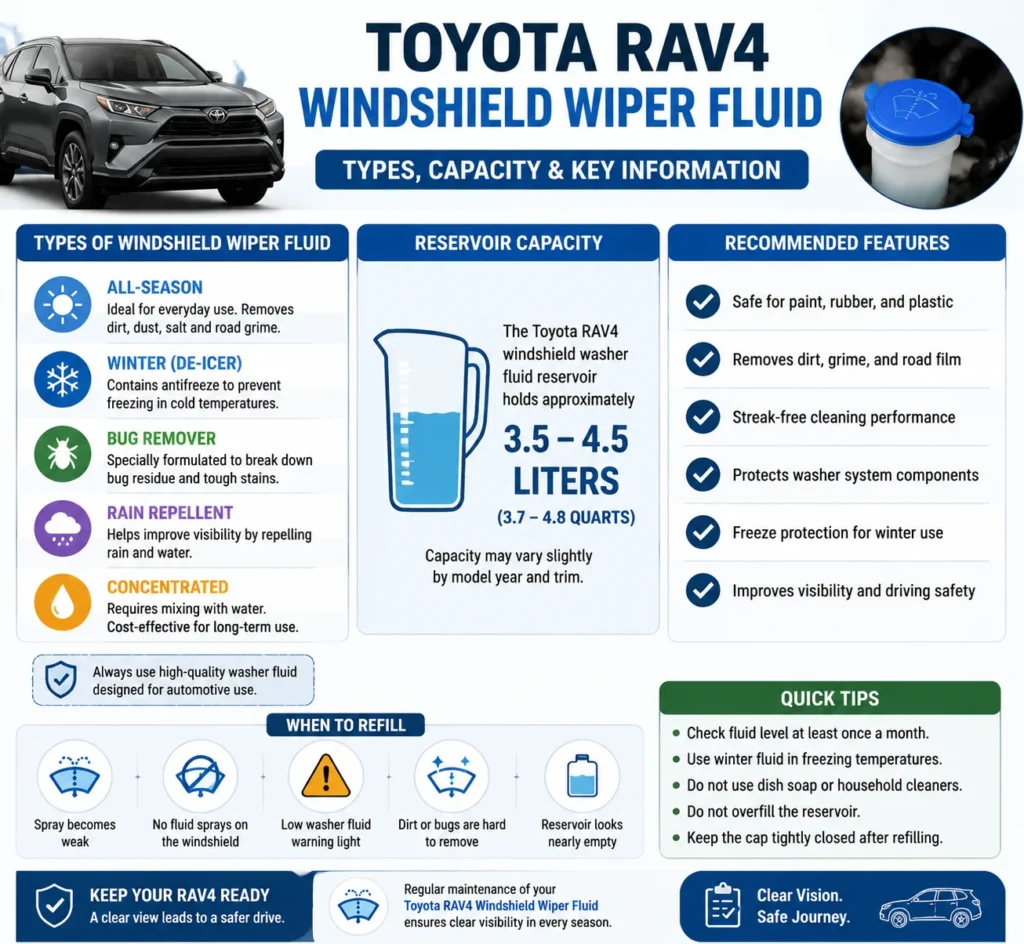 Toyota RAV4 Windshield Wiper Fluid: Type, Capacity & Refill Guide 2 Toyota RAV4 Windshield Wiper Fluid types and reservoir capacity guide
