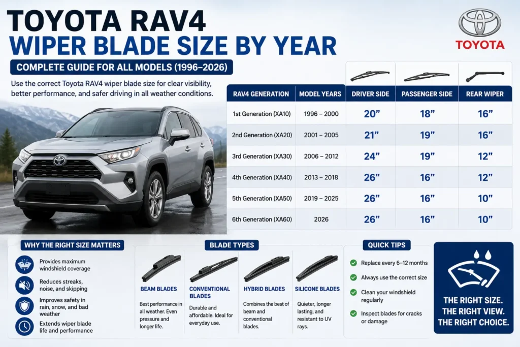 Toyota RAV4 Wiper Blade Size: Complete Guide (1996–2026) 3 Toyota RAV4 wiper blade size by year chart for 1996 to 2026 showing driver, passenger, and rear blade sizes