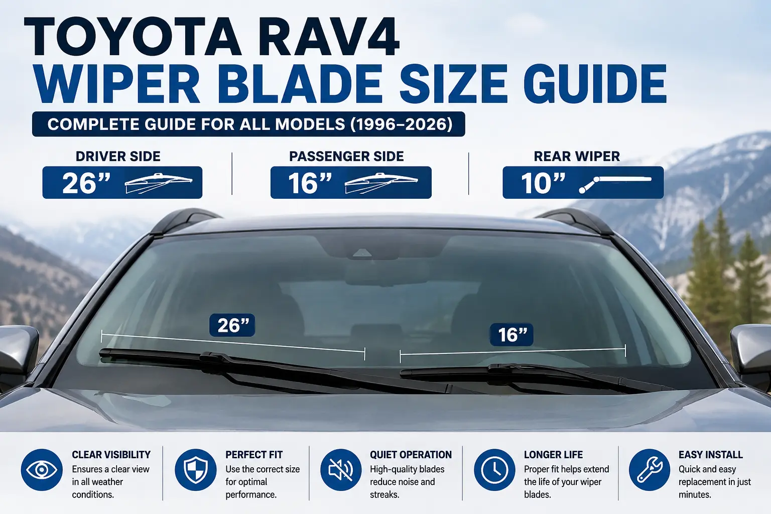 Home 2 Toyota RAV4 Wiper Blade Size guide showing driver, passenger, and rear wiper blade sizes for 1996–2026 models