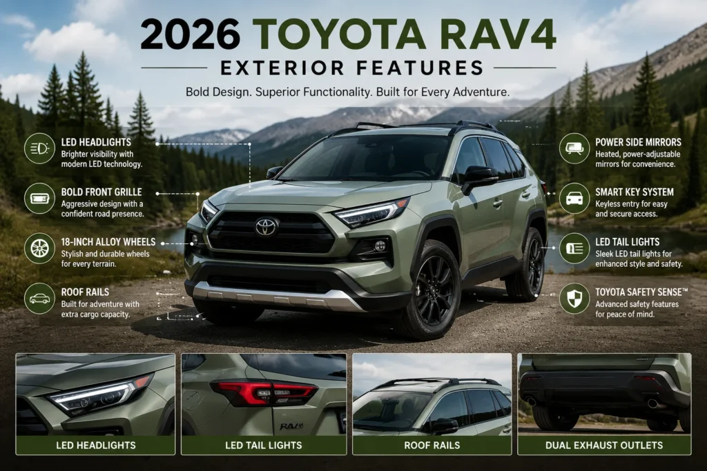 2026 Toyota RAV4 exterior features with LED headlights, bold front grille, alloy wheels, roof rails, LED taillights, and modern SUV design
