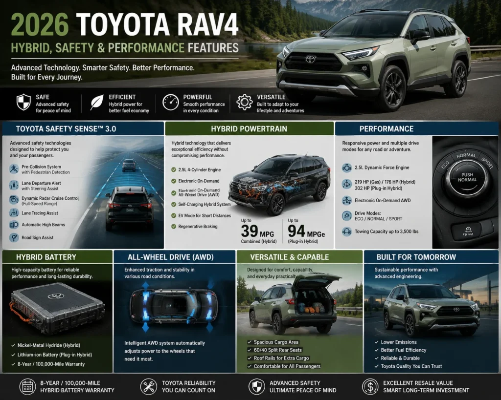2026 Toyota RAV4 hybrid safety and performance infographic featuring Toyota Safety Sense, hybrid powertrain, AWD system, fuel economy, drive modes, and towing capability