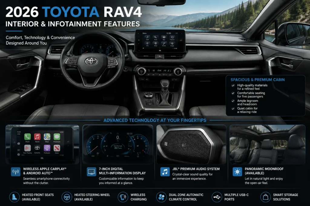 2026 Toyota RAV4 interior featuring touchscreen infotainment system, digital driver display, wireless Apple CarPlay, JBL premium audio, panoramic moonroof, and premium cabin