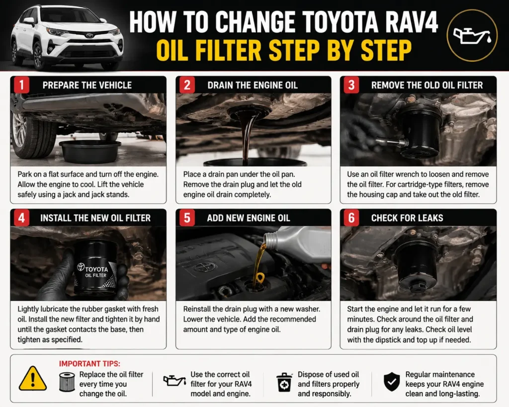 How to change Toyota RAV4 oil filter step by step with removal and installation process