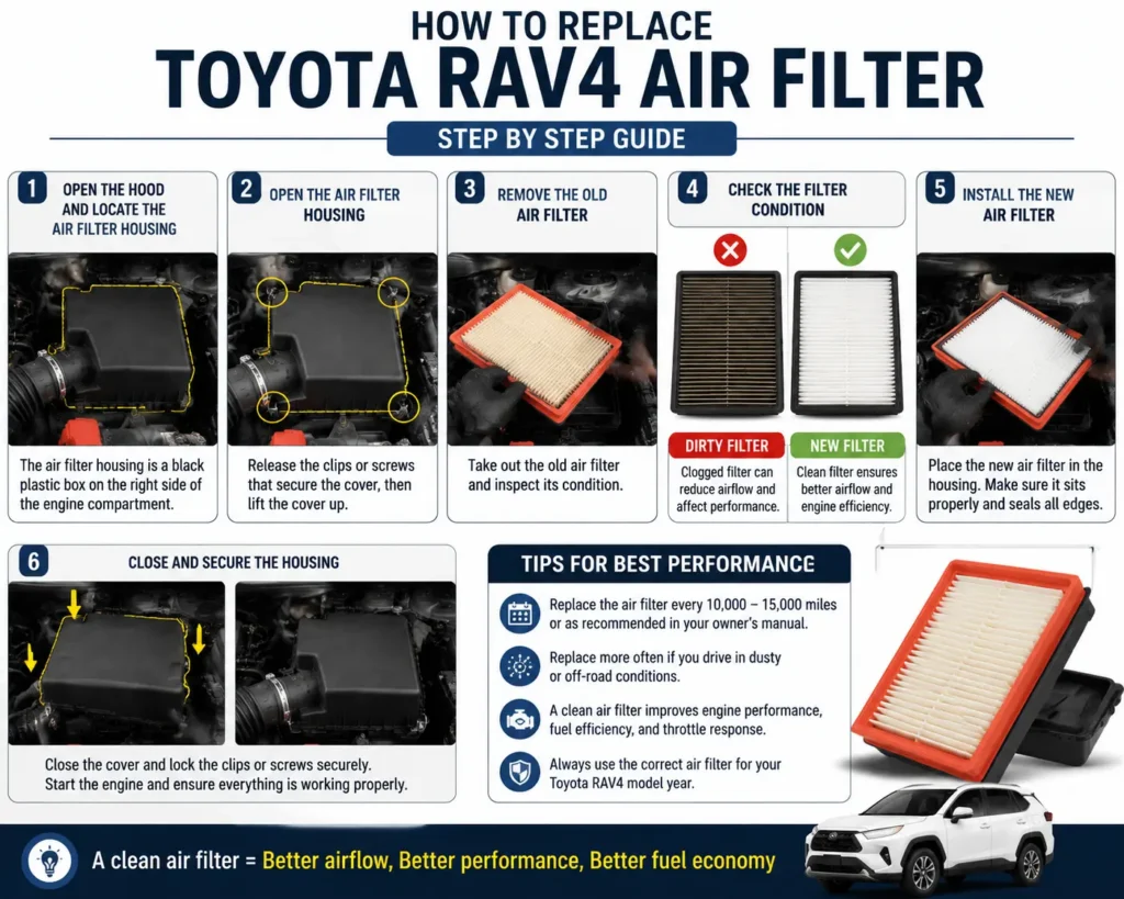 Toyota RAV4 Air Filter: Complete Guide 2 How to replace Toyota RAV4 air filter showing removal and installation process