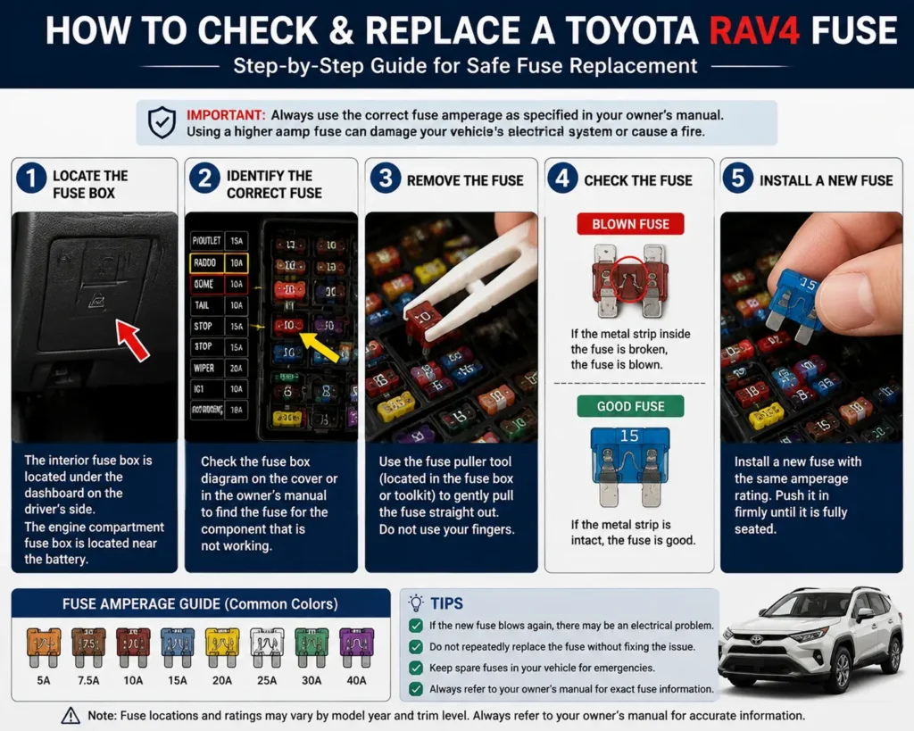 Toyota RAV4 Fuse Box Diagram: Complete Guide to Fuse Locations & Functions 3 How to replace Toyota RAV4 fuse step by step guide showing fuse inspection and installation