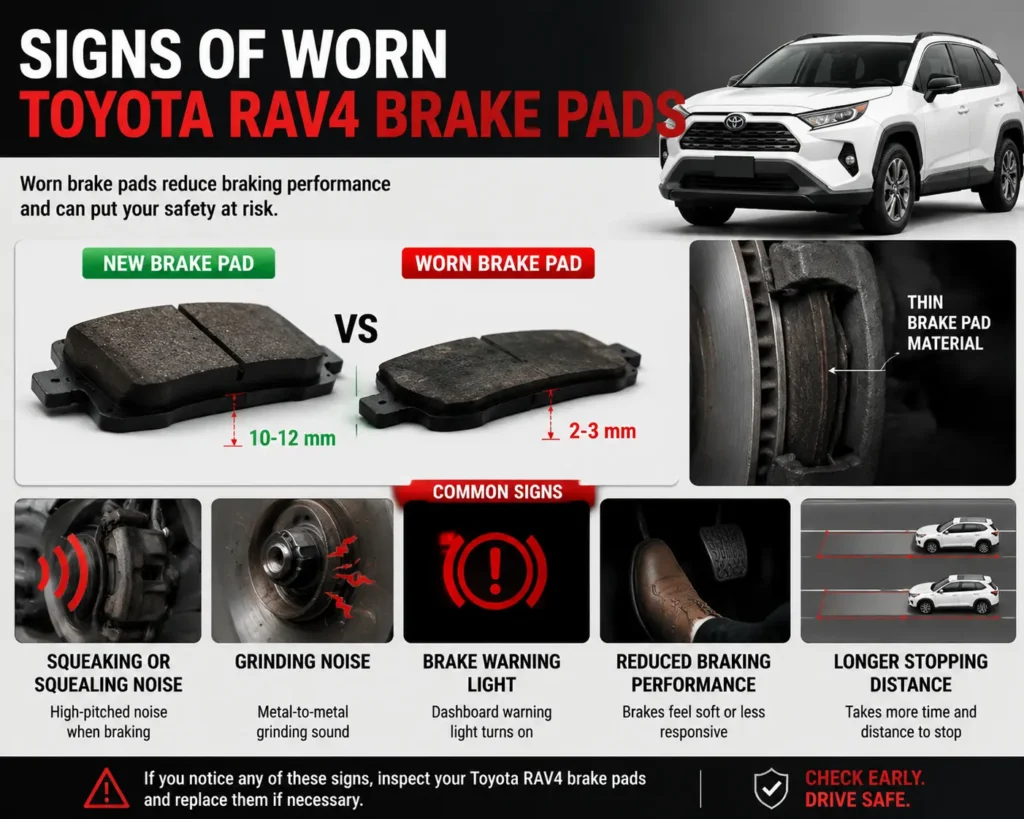 Toyota RAV4 brake pads wear signs showing worn and new brake pad comparison
