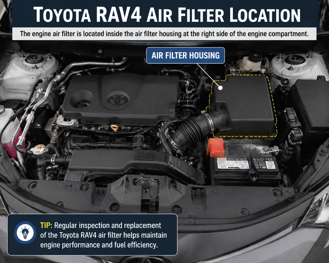 Toyota RAV4 air filter location showing engine compartment air filter housing