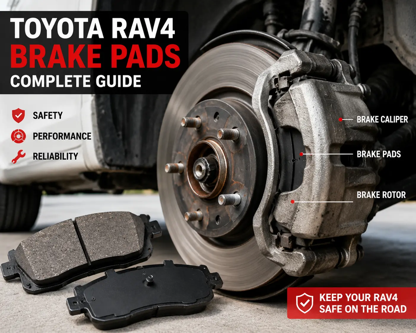Home 2 Toyota RAV4 brake pad location showing brake caliper and brake rotor