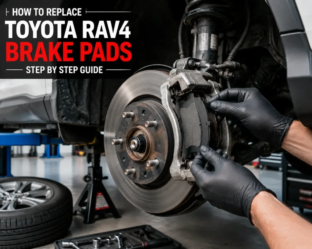 Toyota RAV4 brake pad replacement process showing installation steps