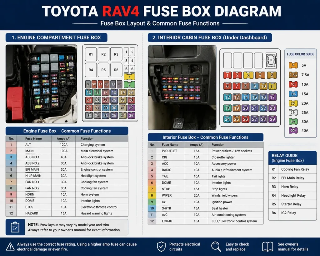 Toyota RAV4 Fuse Box Diagram: Complete Guide to Fuse Locations & Functions 2 Toyota RAV4 fuse box layout diagram showing fuse positions, relay locations, and fuse functions