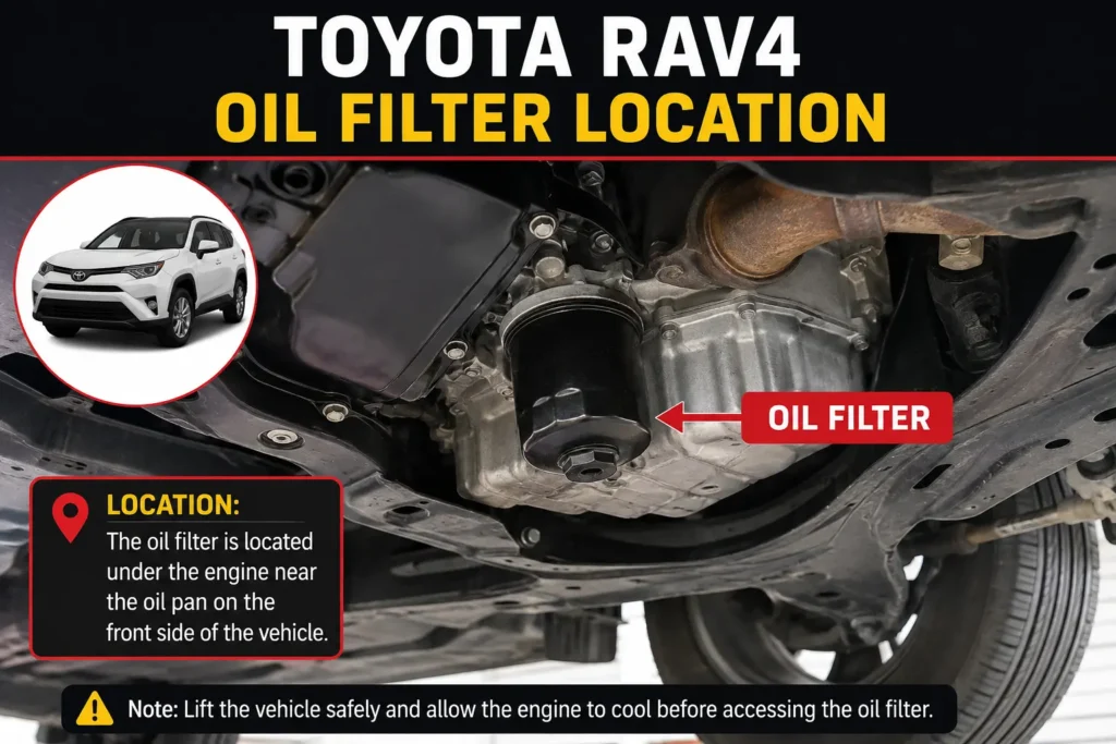 Toyota RAV4 oil filter location under the engine near oil pan