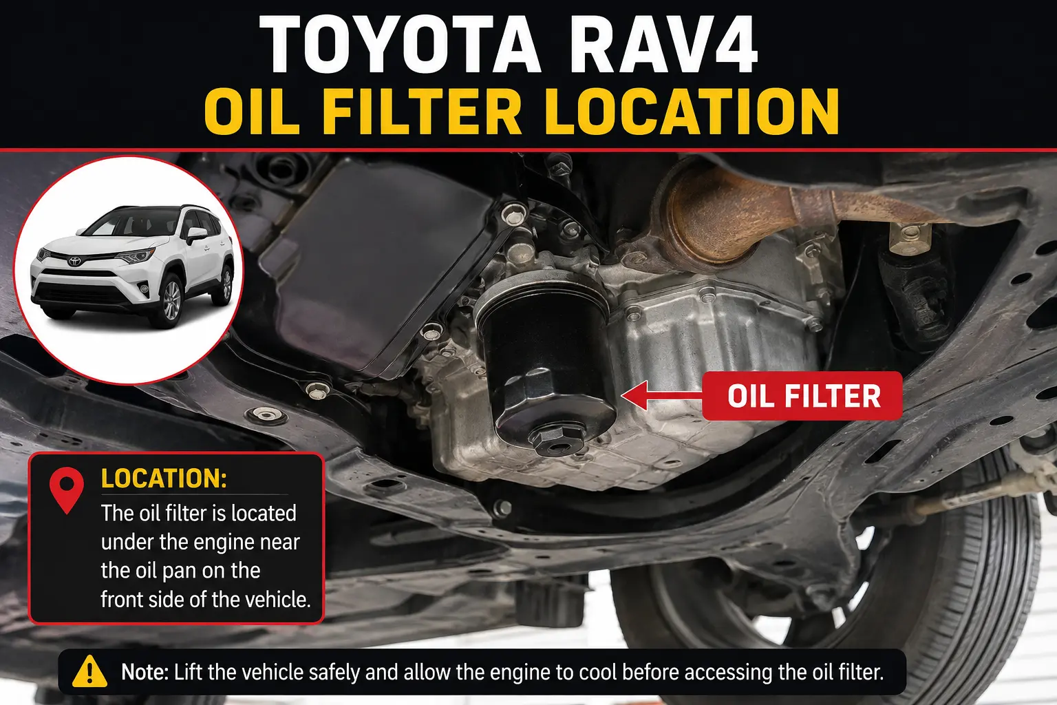 Toyota RAV4 oil filter location under the engine near oil pan