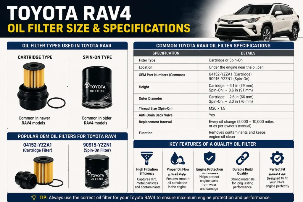 Toyota RAV4 oil filter size and specifications showing cartridge and spin-on filter types